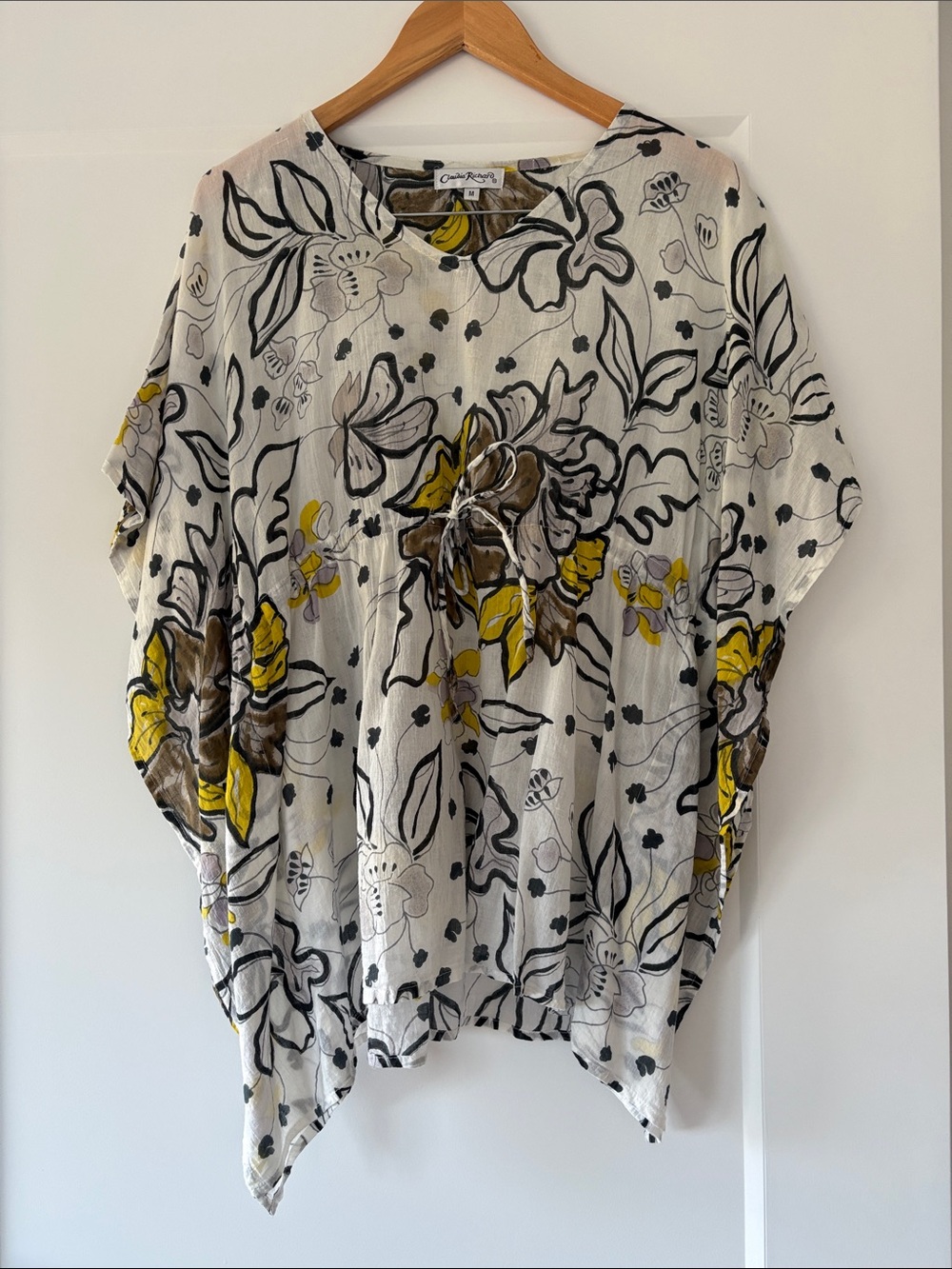 Claudia Richard White Floral Tie-Front Swim Coverup with Yellow Accents